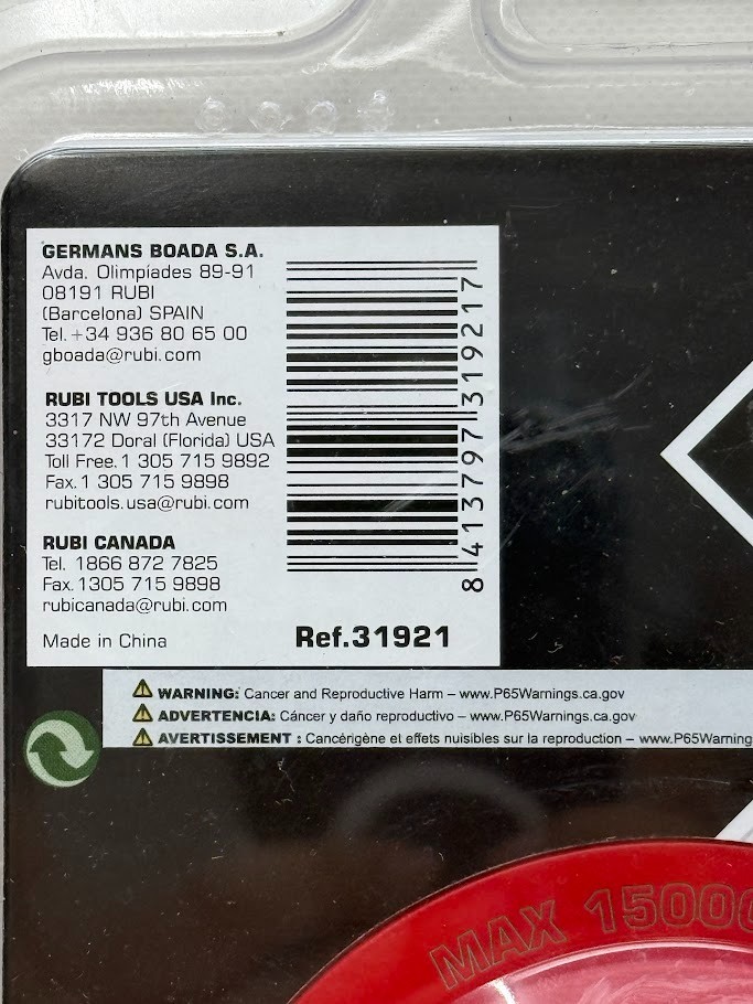 RUBI Model #31921 Stone Cup Wheel Diamond 4" Grinding Wheel For Stone/Granite gallery