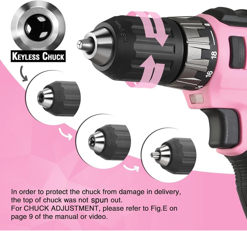 20V Pink Cordless Drill Driver Set, 3/8” Keyless Chuck, 2.0 Ah Li-ion Battery... gallery