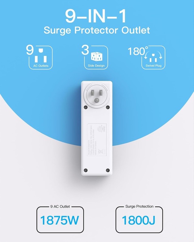 Surge Protector Outlet Extender with Rotating Plug, 9 AC Multi Plug Wall Outlet gallery
