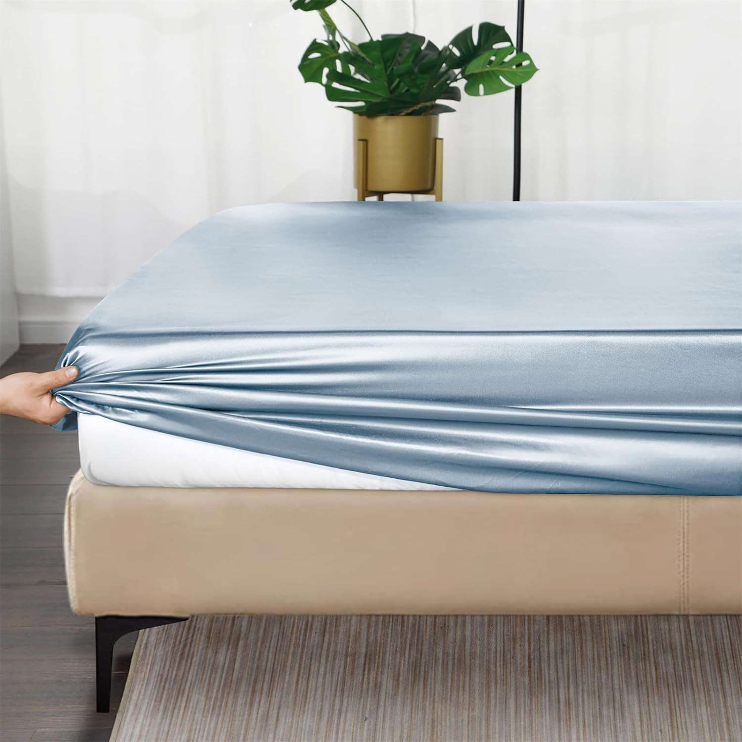 Ersmak Silk Satin Fitted Sheet, Soft Deep Pocket Bottom Luxury Queen Fitted Shee gallery