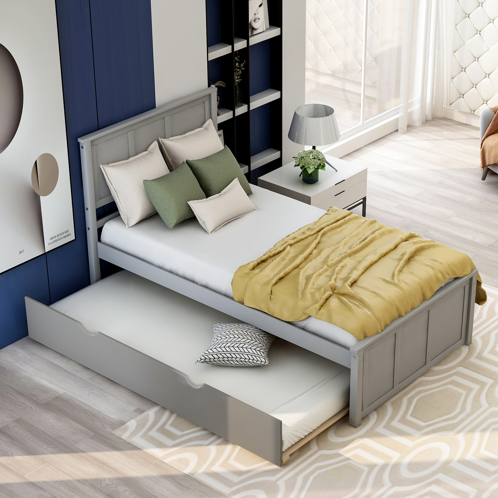 Platform Bed with Twin Size Trundle, Twin Size Frame, Gray gallery