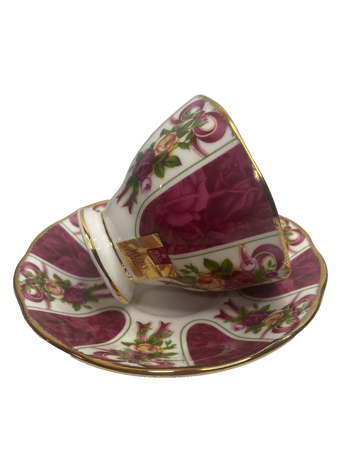 Royal Albert Old Country Roses Ruby Damask Bone China Teacup Saucer Set Footed gallery
