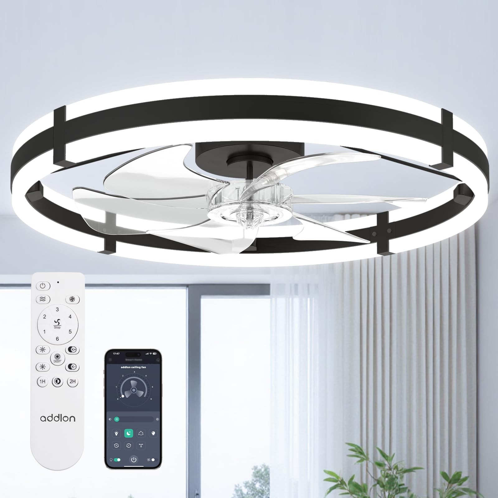 addlon 24'' Ceiling Fans with Lights and Remote, Low Profile 24 inch, Black gallery