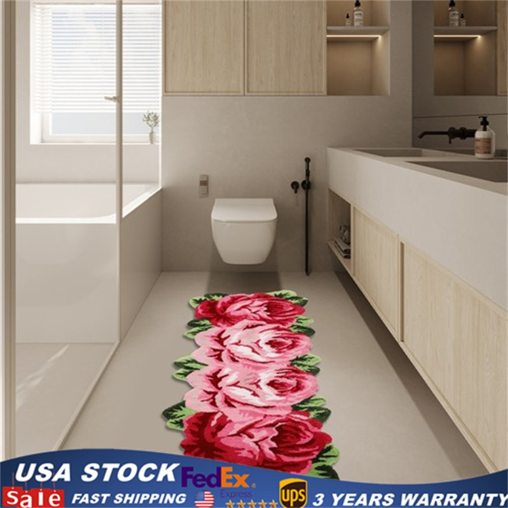 Flower Rug Mat 4-Roses Polyester and Tpr Pink and Green-Unique Style Mat USA gallery