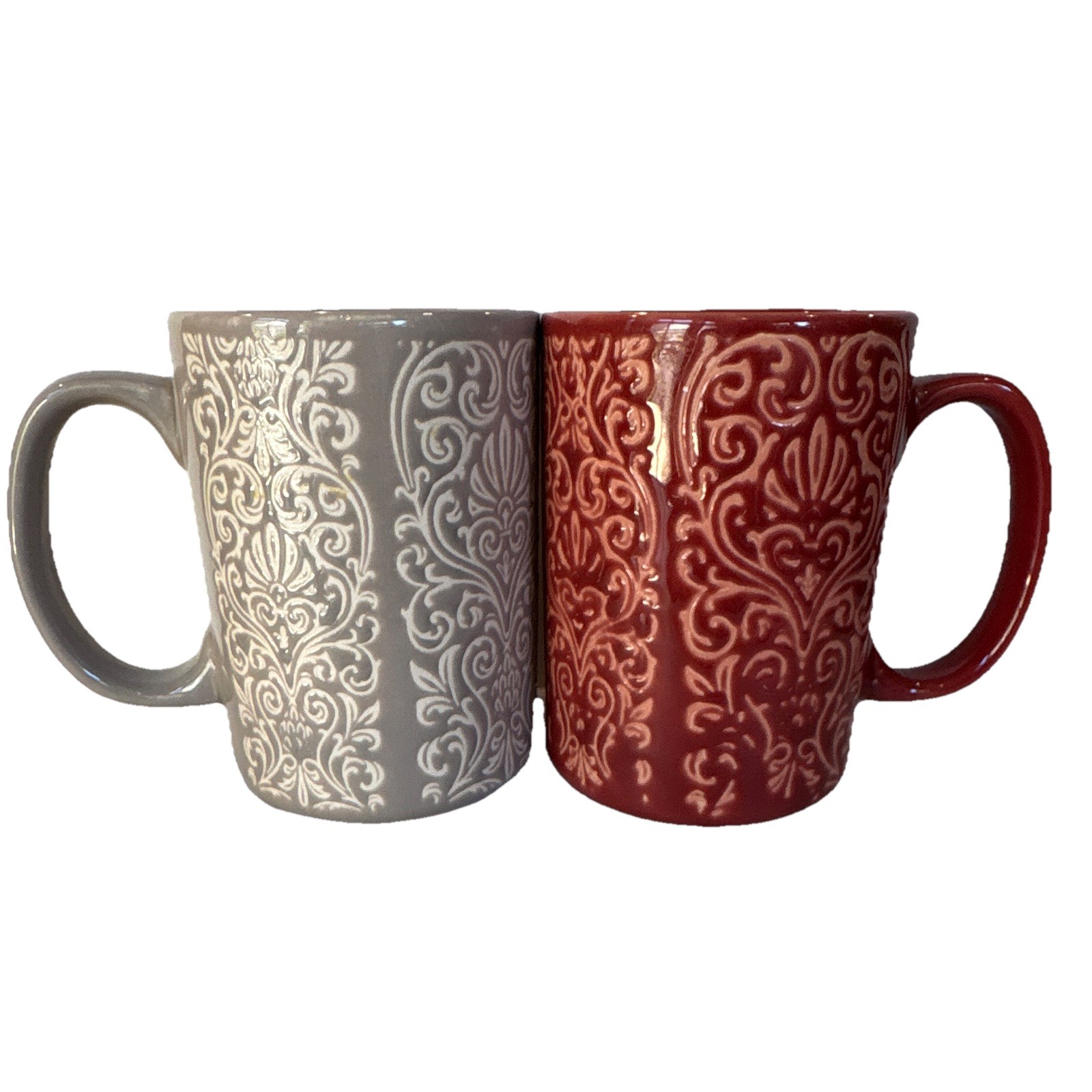 Gallery Tabletops Evanston Ceramic Mug Set of 2 12oz Red Gray Damask Safe gallery