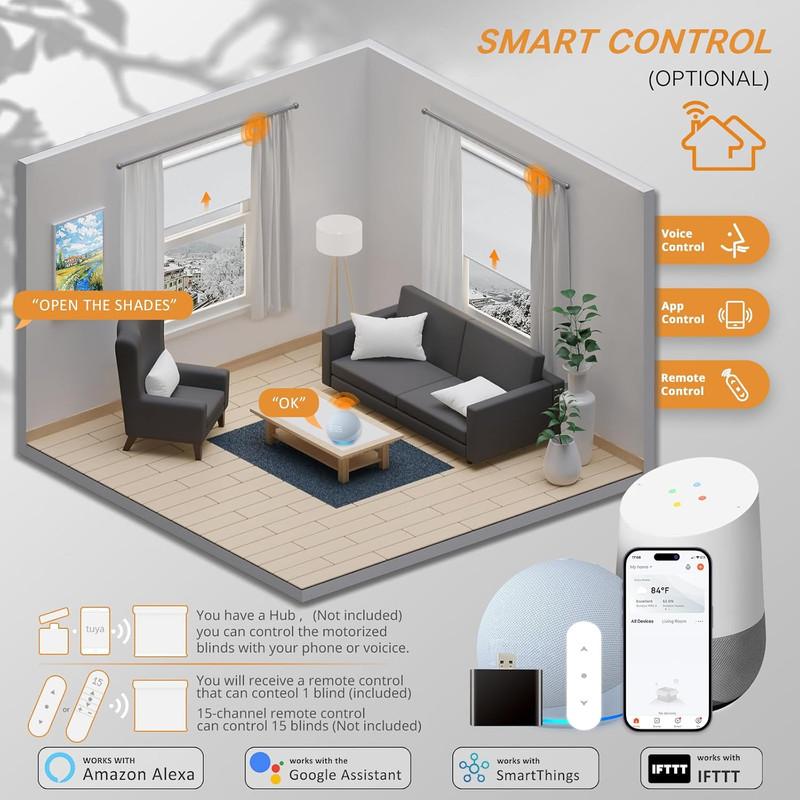 Remote-Controlled Cordless Blackout Smart Blinds, 35" W X 72" H, White gallery