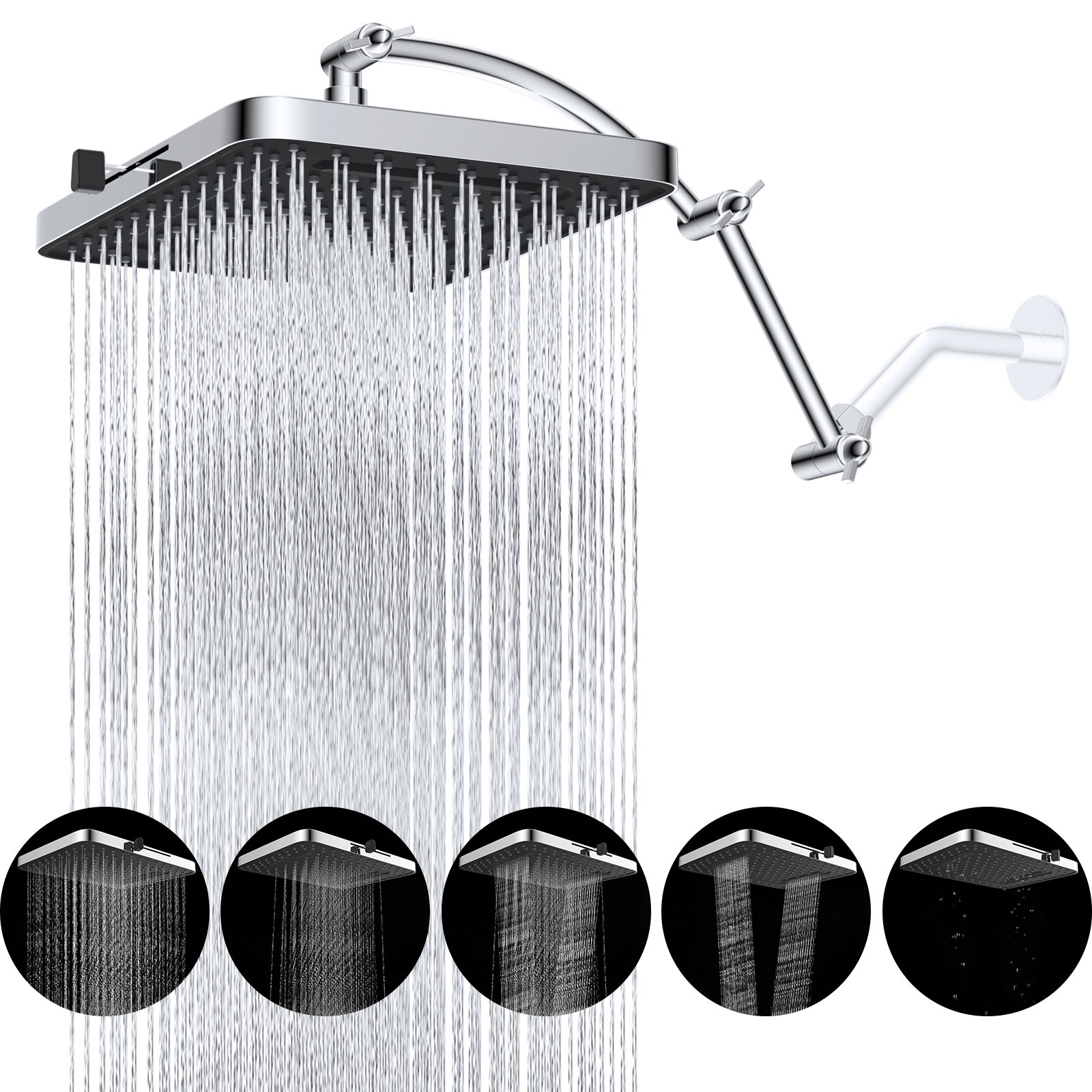 High Pressure 13" Rain Shower Head with Extension Arm 5 Spray Mode Showerhead US gallery