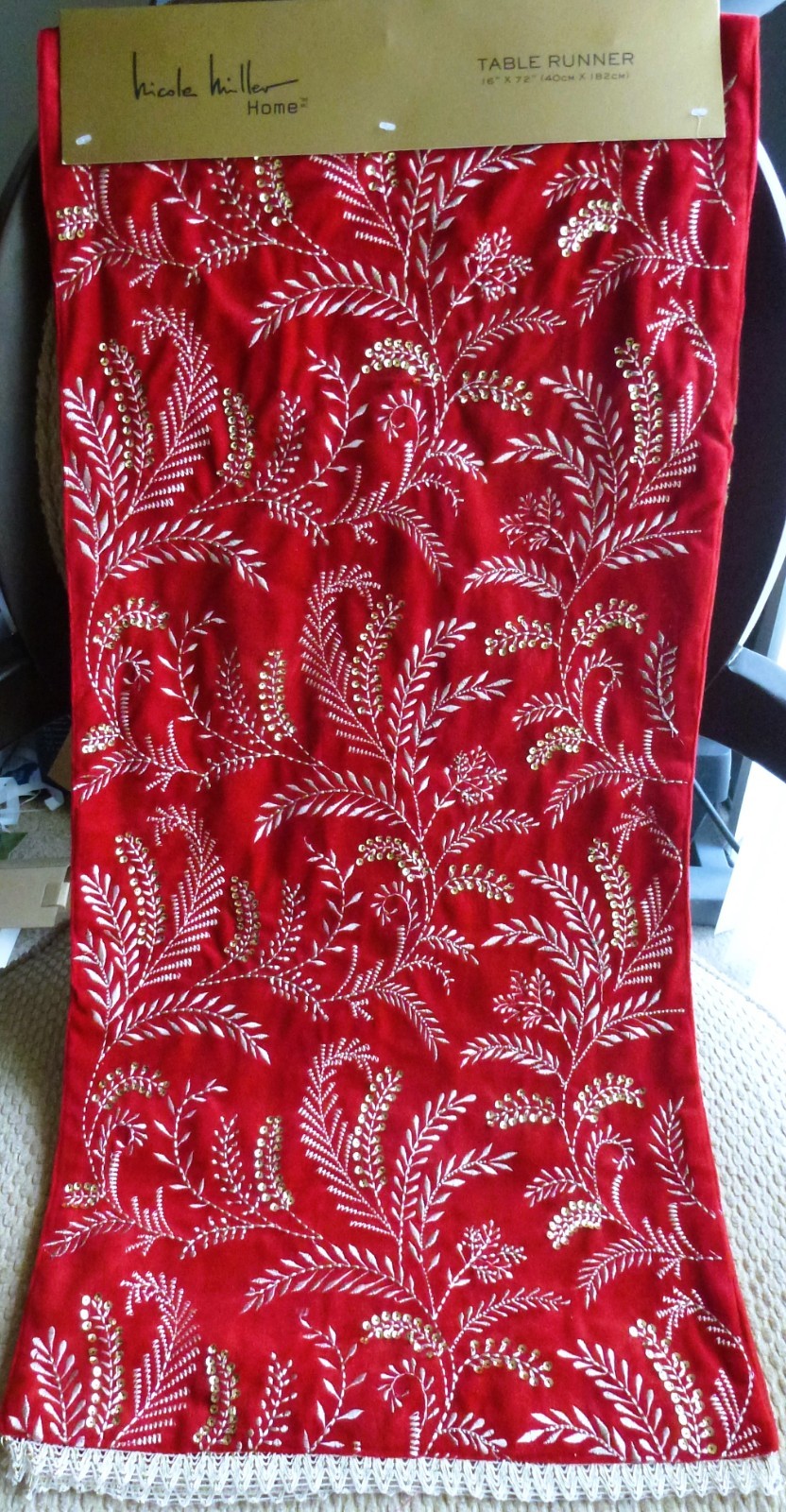 NICOLE MILLER Vibrant Red TABLE RUNNER Metallic Embroidery Sequins 16" x 72" gallery