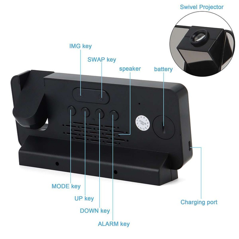 180° LED Digital Projector Rotatable Projection Snooze Dual Alarm Clock USB 24H gallery