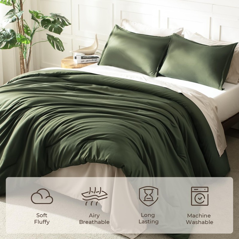 Dark Olive Green Comforter Set Queen, 3 Pieces Solid Bedding Comforter Set, A... gallery
