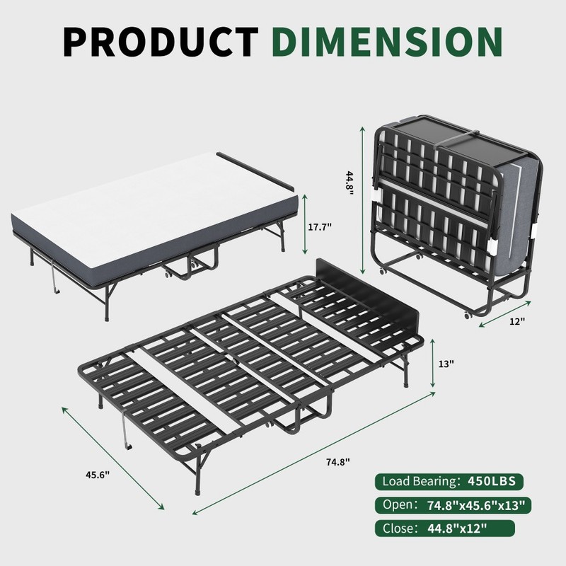 75"x46" Wide Folding Bed with Adjustable Headboard, Extra Long Rollaway Bed gallery