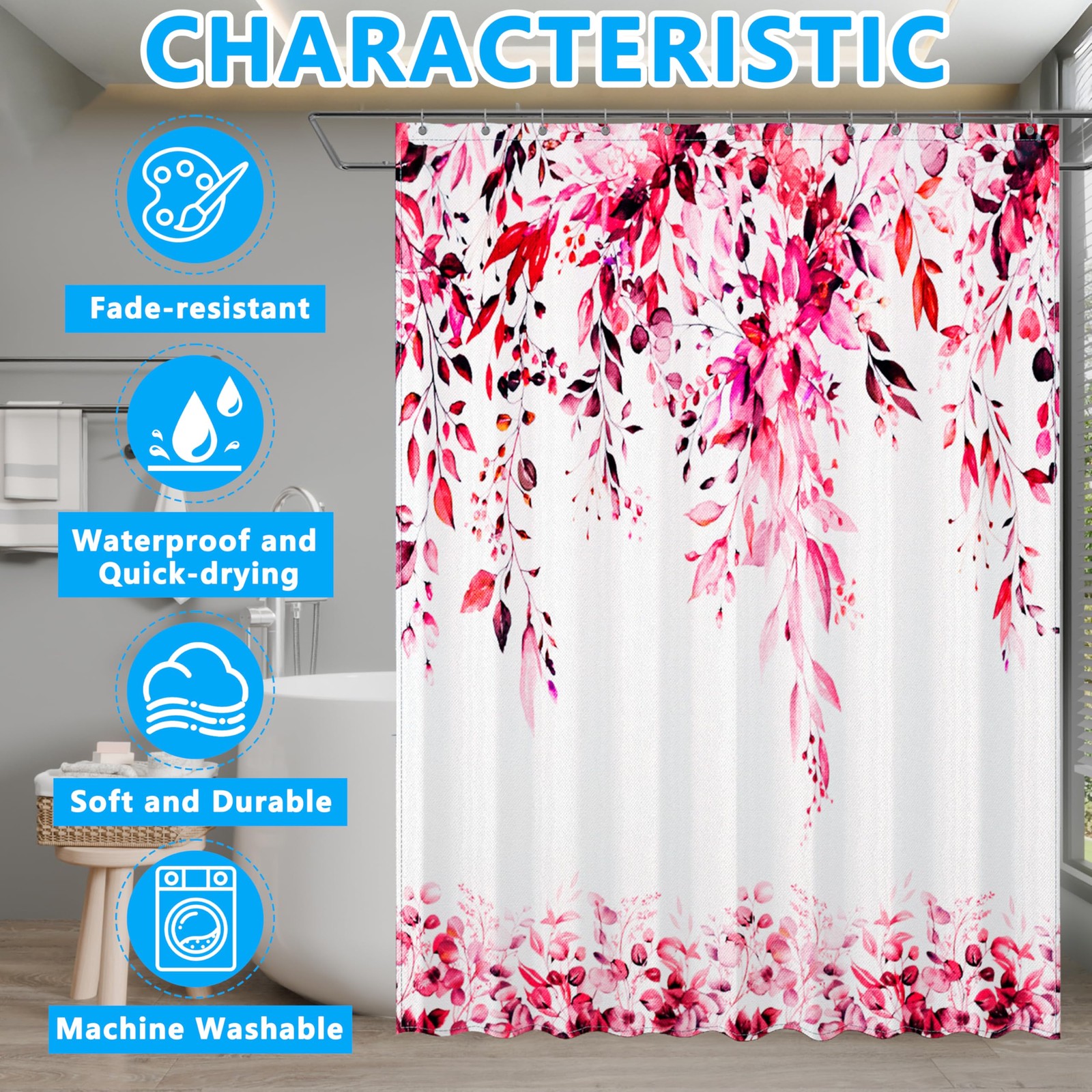 Red Eucalyptus Leaves Shower Curtain for Bathroom:Aesthetic Art Watercolor Pl... gallery