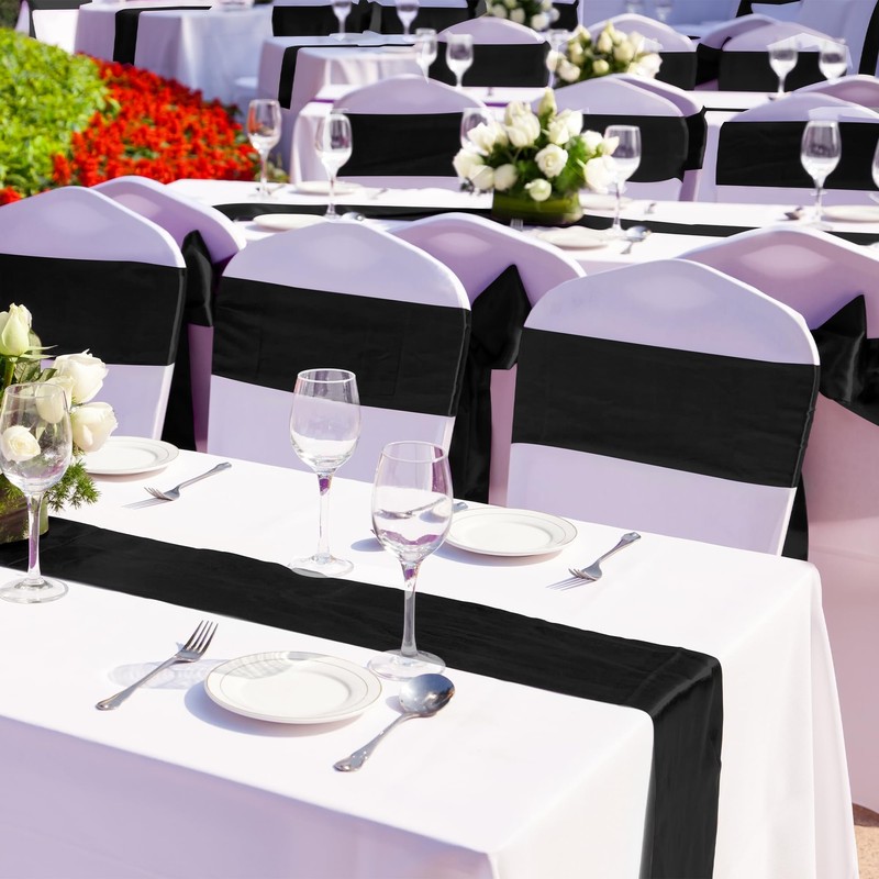 4 Pack Satin Table Runner 12 x 108 Inch Black Smooth Fabric Party Decoration gallery