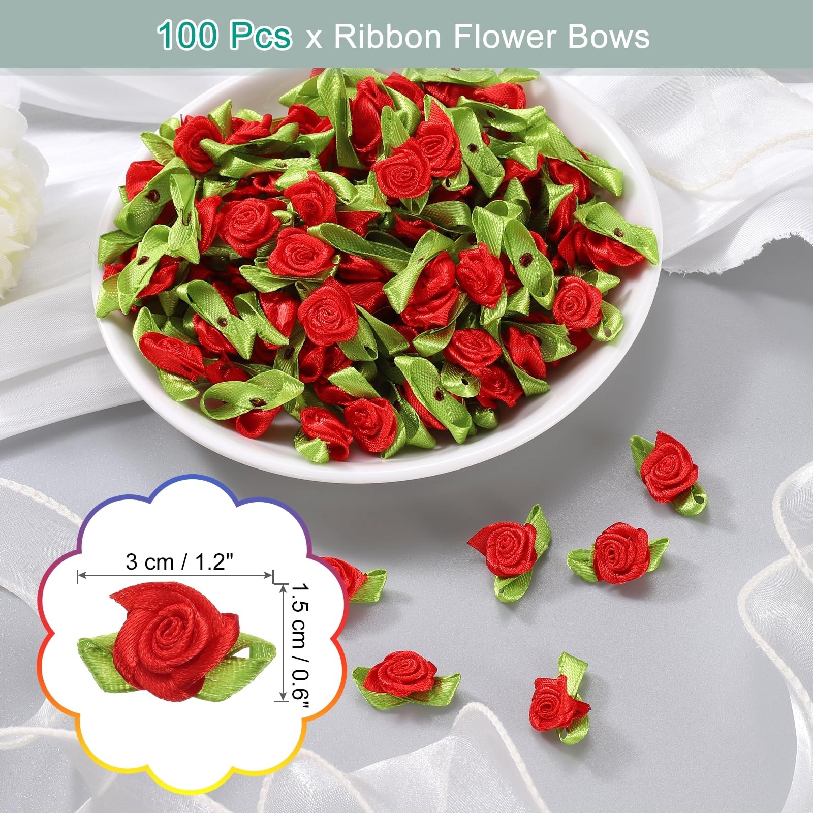 uxcell 100 Pcs Mini Ribbon Roses Flowers Bows for Crafts, 1.5 cm x 3 cm, Red gallery