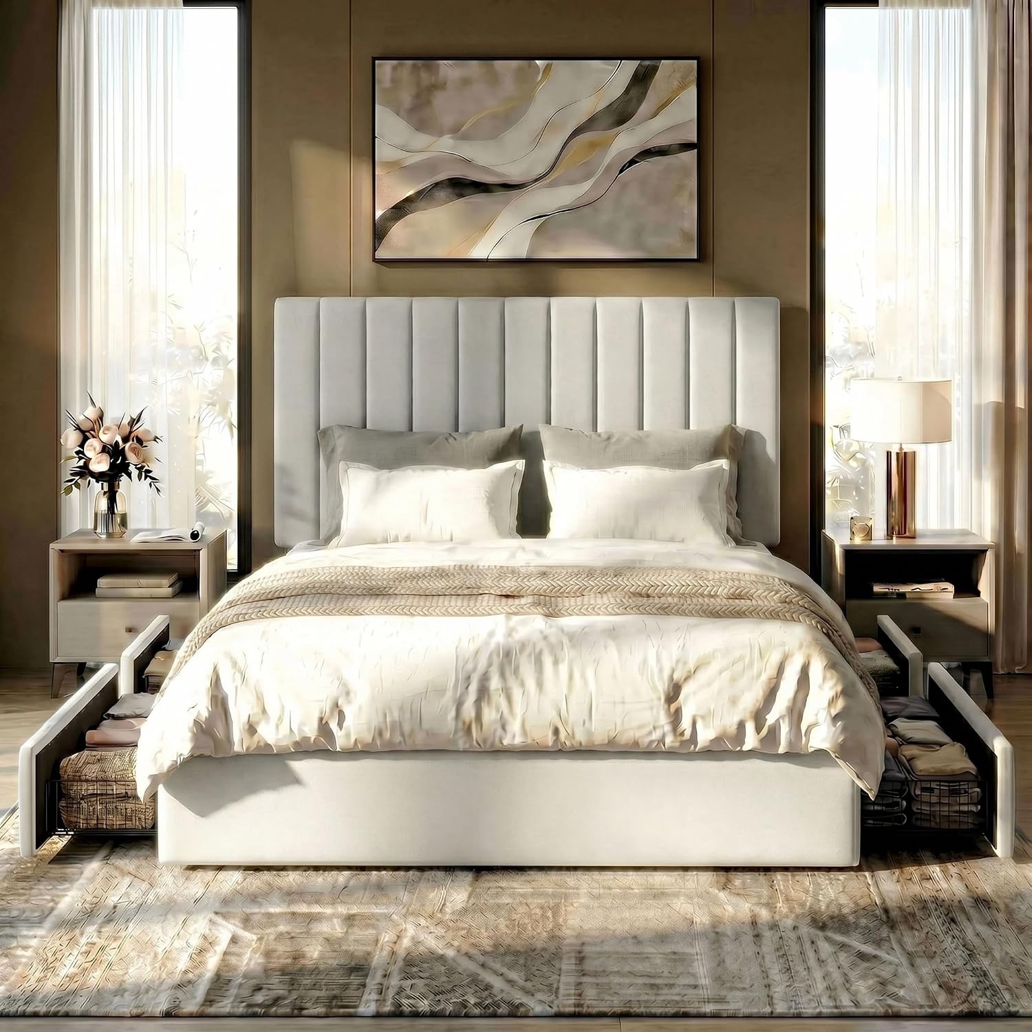 SHA CERLIN Queen Platform Bed 4 Drawers Velvet White gallery