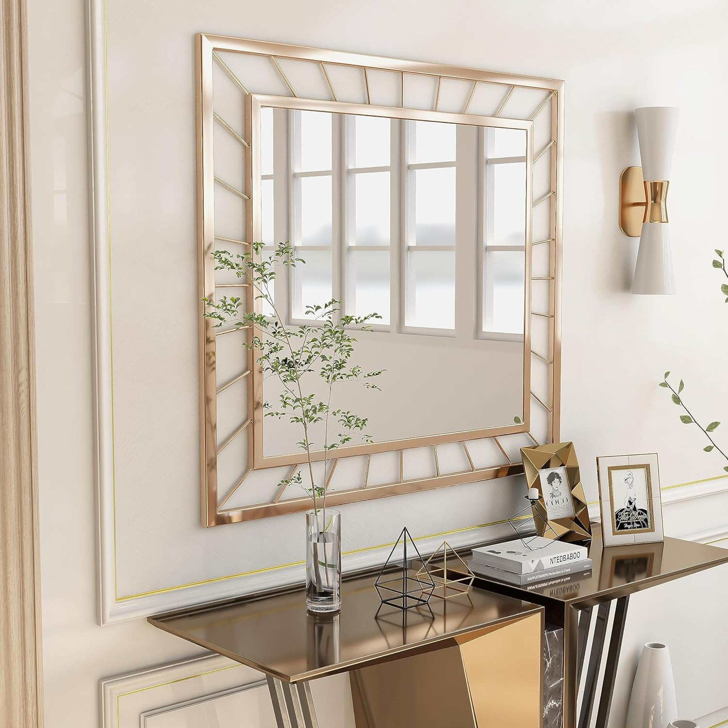 Glam Gold Rectangle Wall Mirror with Decorative Lines for Any Room gallery