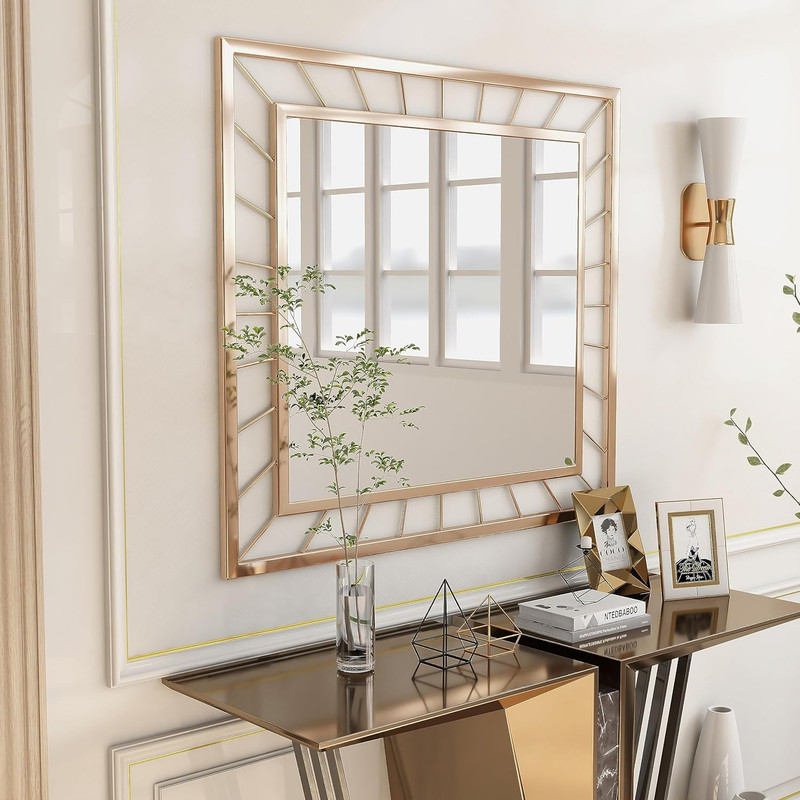 Glam Gold Rectangle Wall Mirror with Decorative Lines for Any Room gallery