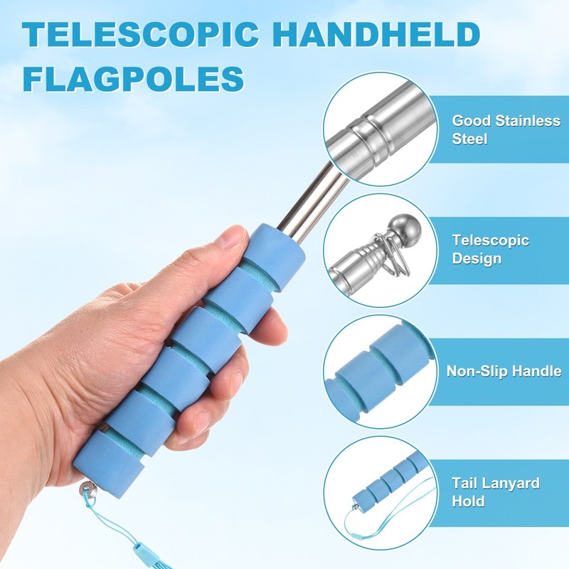 2-Pack Telescopic Handheld Flagpoles, 5.2ft/1.6m Stainless Steel Poles [Blue] gallery