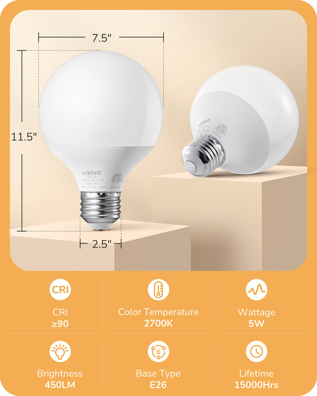 EDISHINE 8 Pack G25 LED Globe Light Bulbs Over Mirror, Makeup Round Light Bulbs gallery
