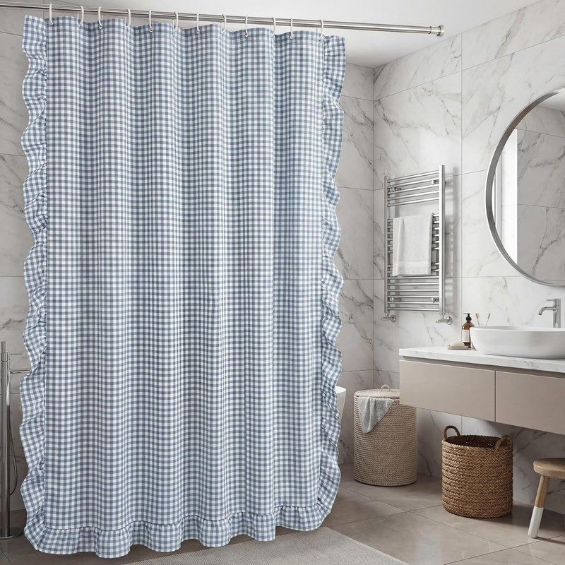 HunnmingRe Ruffled Gingham Shower Curtain 72 x 72 Inch Dust Blue Cotton Vintage gallery
