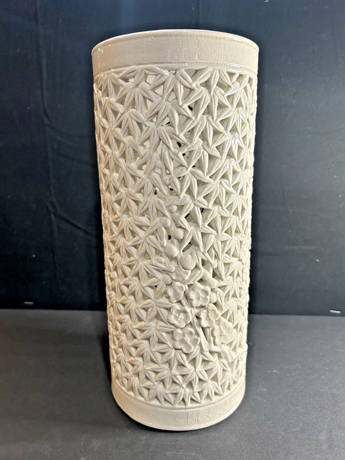 Chinese Blanc De Chine Reticulated Bamboo Blossom Brush Pot Vase 10” gallery