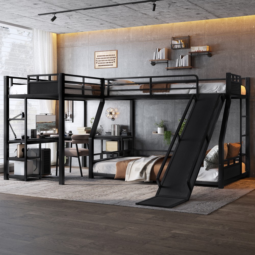 L-Shaped Metal Bunk Bed with Single Loft Bed, Desk, Storage, USB Charging Port gallery