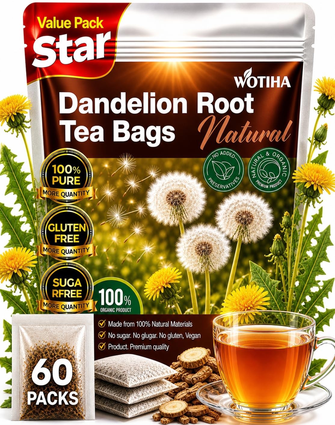 60 Bags Roasted Dandelion Root Tea Bags, 2.5/Bags, Natural Dried Dandelion... gallery