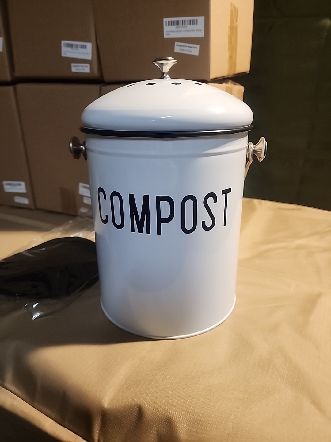 Compost Bin with Lid 1.3 Gallon Spare Charcoal Filters Kitchen Metal White New gallery