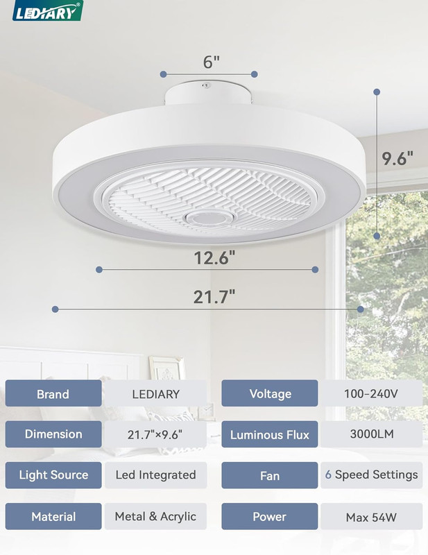 Modern 22" Bladeless Ceiling Fan with Light & Remote - 6 Speeds, 3000-6000K gallery