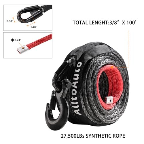 Winch Rope with Hook, 3/8" x 100'-27,500lbs Dyneema Synthetic Winch Rope Line gallery