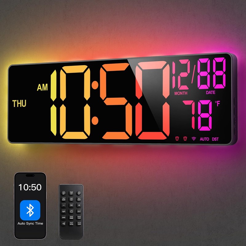 16'' Large Digital LED Wall Clock with Remote Control Dual Alarm 8 RGB Bluetooth gallery