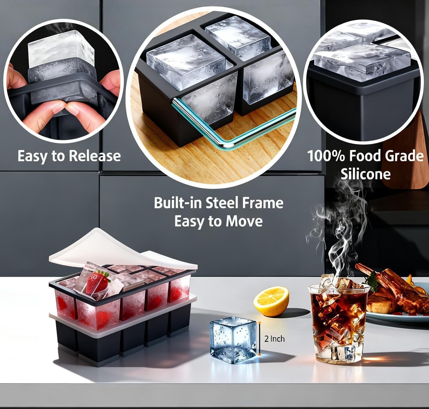 2-Pack Large Ice Cube Trays for Whiskey, Stackable & Easy-Release Silicone gallery