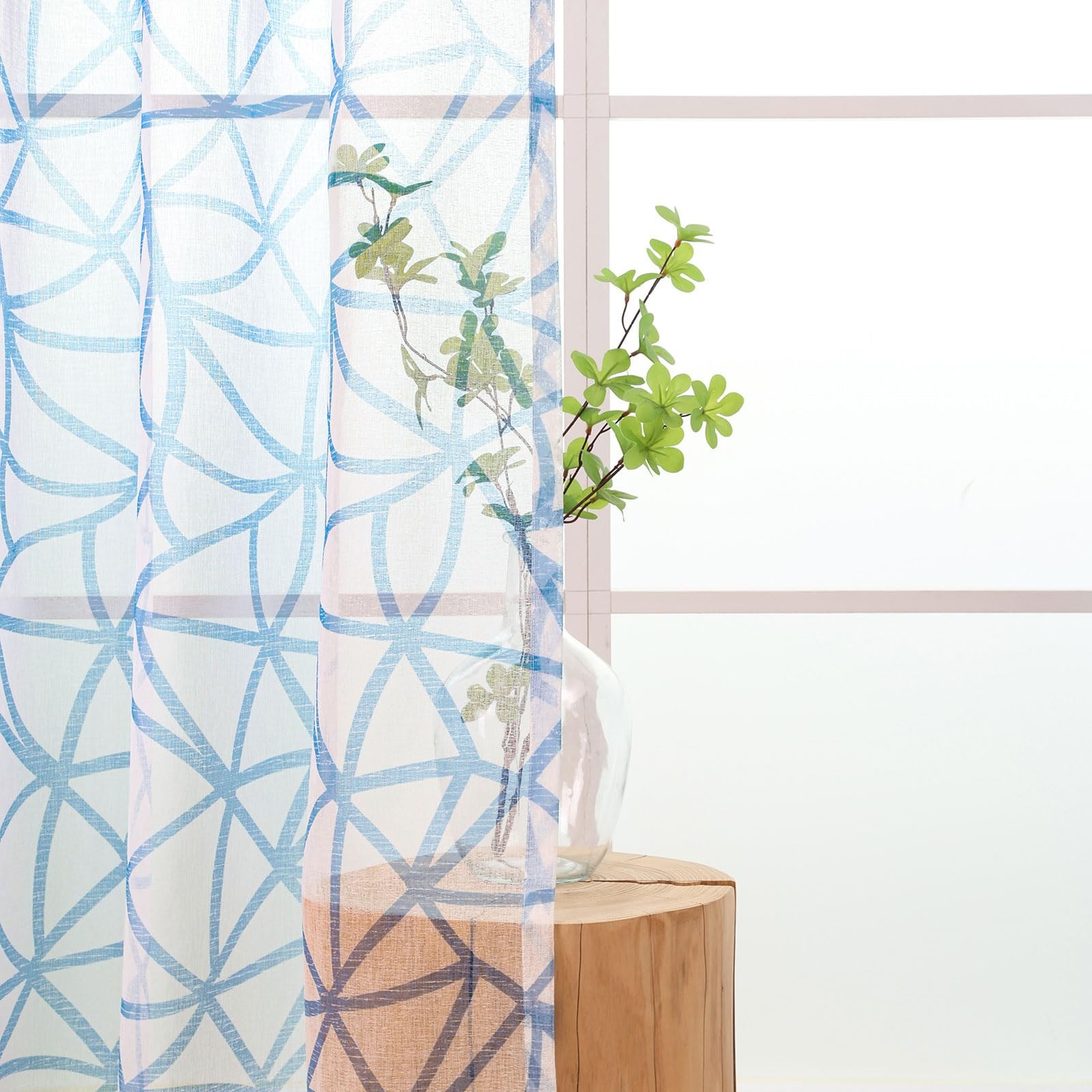 White Blue Sheer Curtains 72 Inch Length 2 Panels Set, Geometric Pattern Tran... gallery