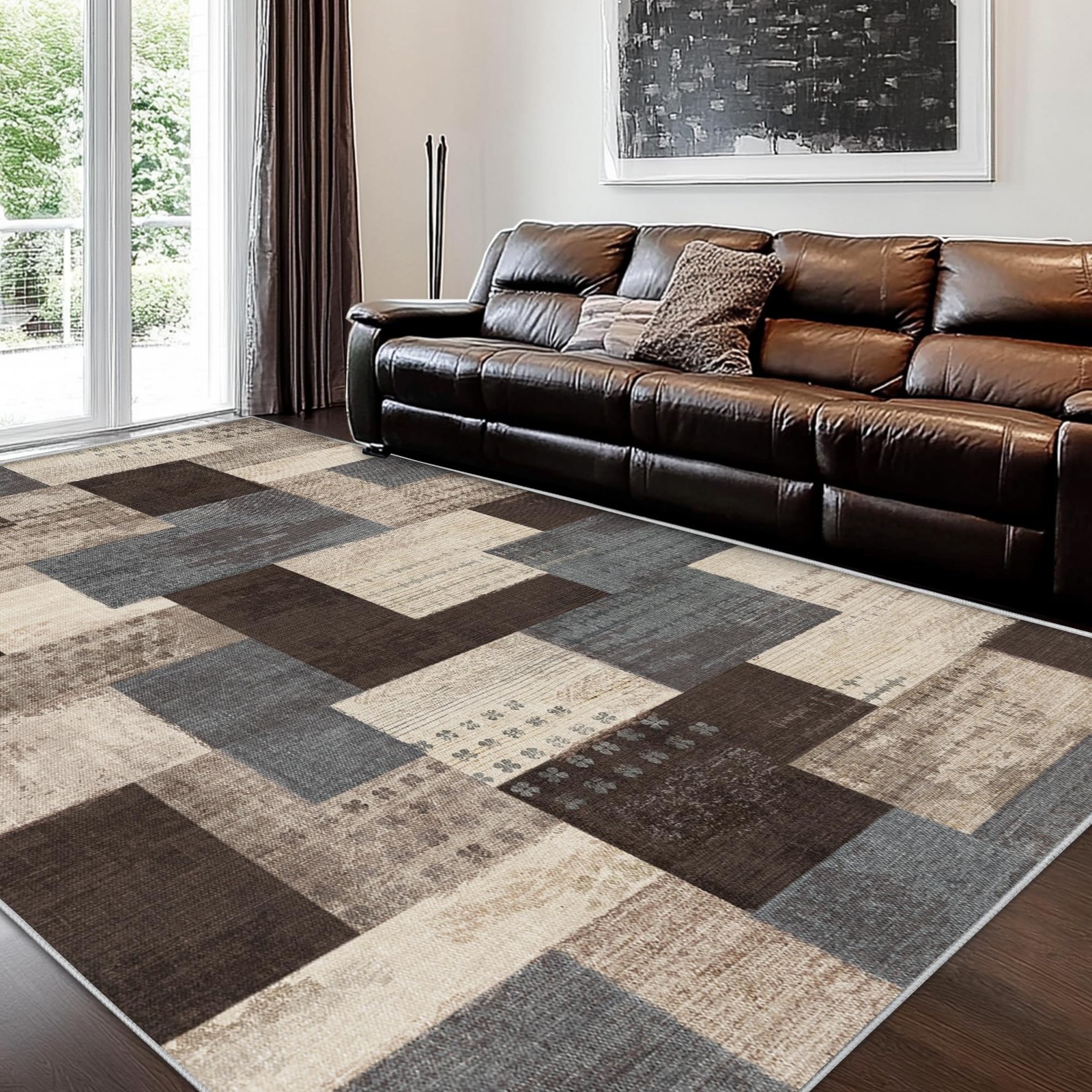 Area Rug 5x7 Modern Geometric Patchwork Blue Taupe Indoor Living Room QDUIDU gallery
