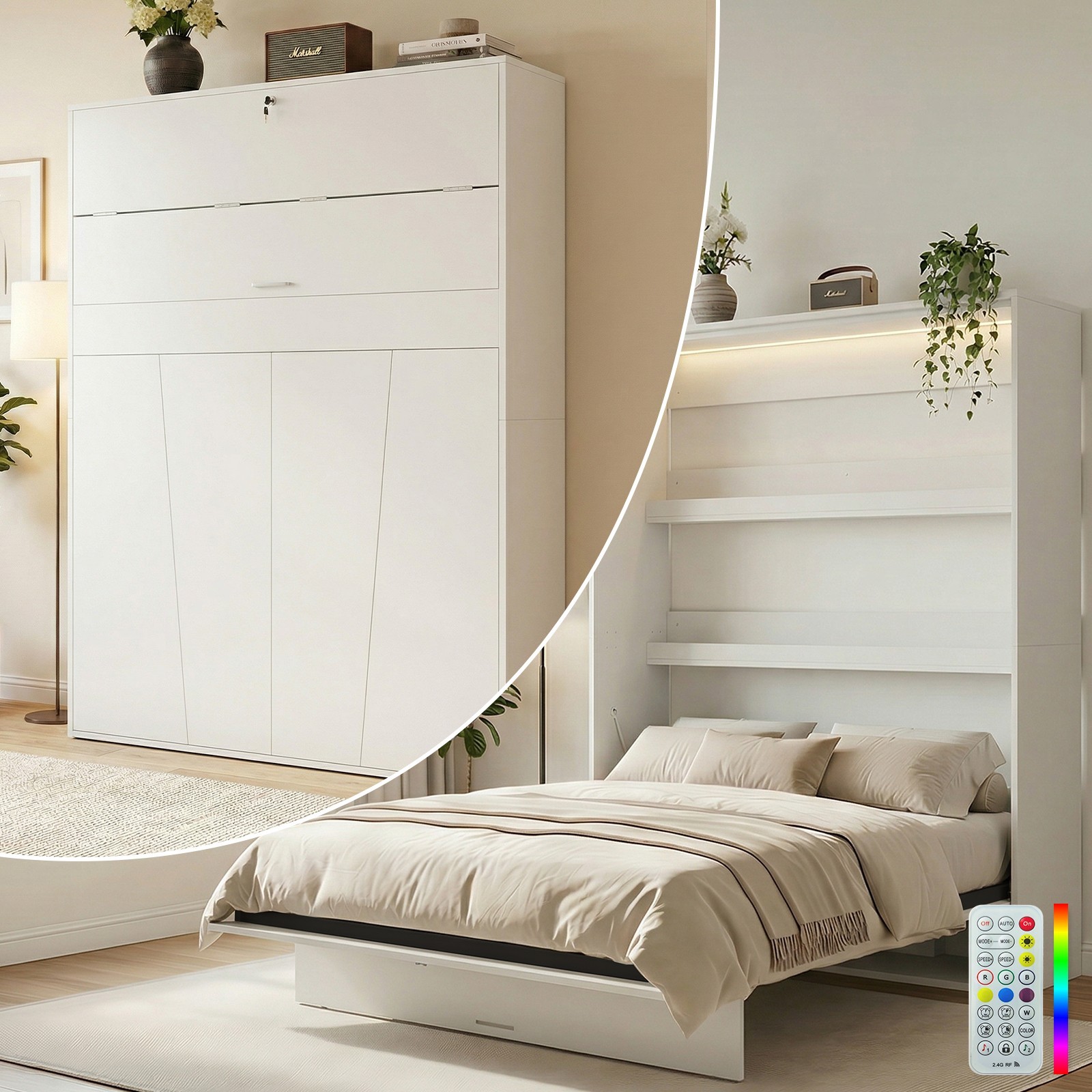 Murphy Bed with LED Light,Hidden Wall Bed with Gas-Lift,Cabinet Bed, No Mattress gallery