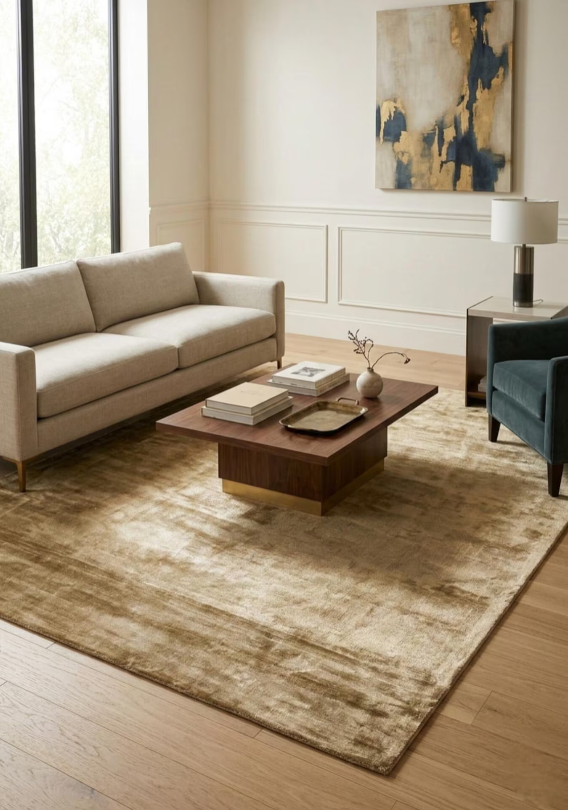 Gold Viscose Silk Rug, Solid Beige Area Rug, Handmade Soft Living Room Carpet, gallery