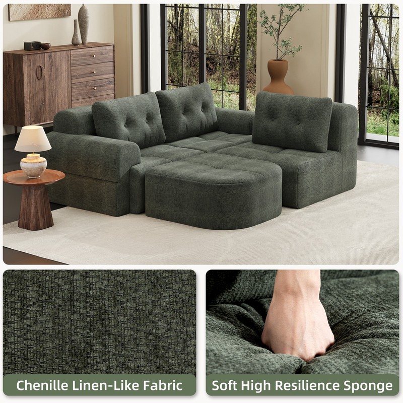 Modular Sectional Sofa with Chaise, Full-Foam, Woven Fabric, Blackish Green gallery