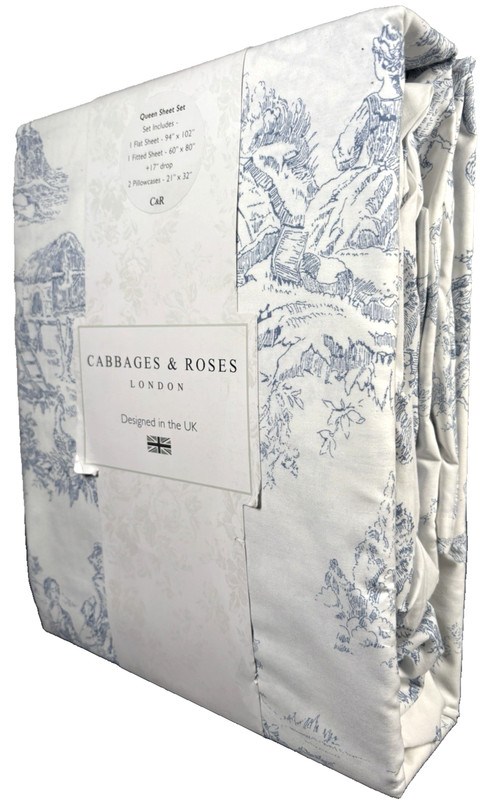 Cabbages & Roses Queen Sheet Set Country Toile Blue Cotton Percale Floral gallery