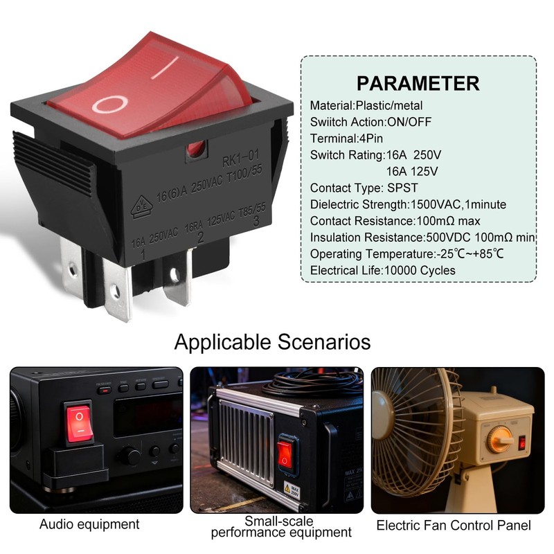 Rocker Switch ON-Off DPST 4 Terminals Red Light 16A 250VAC with Waterproof Cover gallery