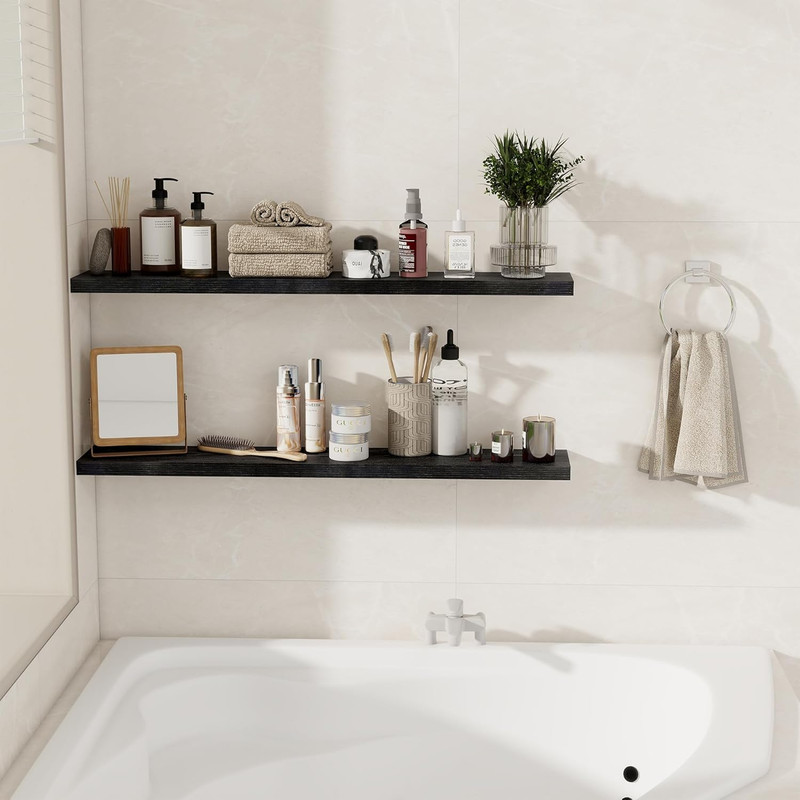 Rustic 40" Floating Wall Shelves with Invisible Brackets - Set of 2 (Black) gallery