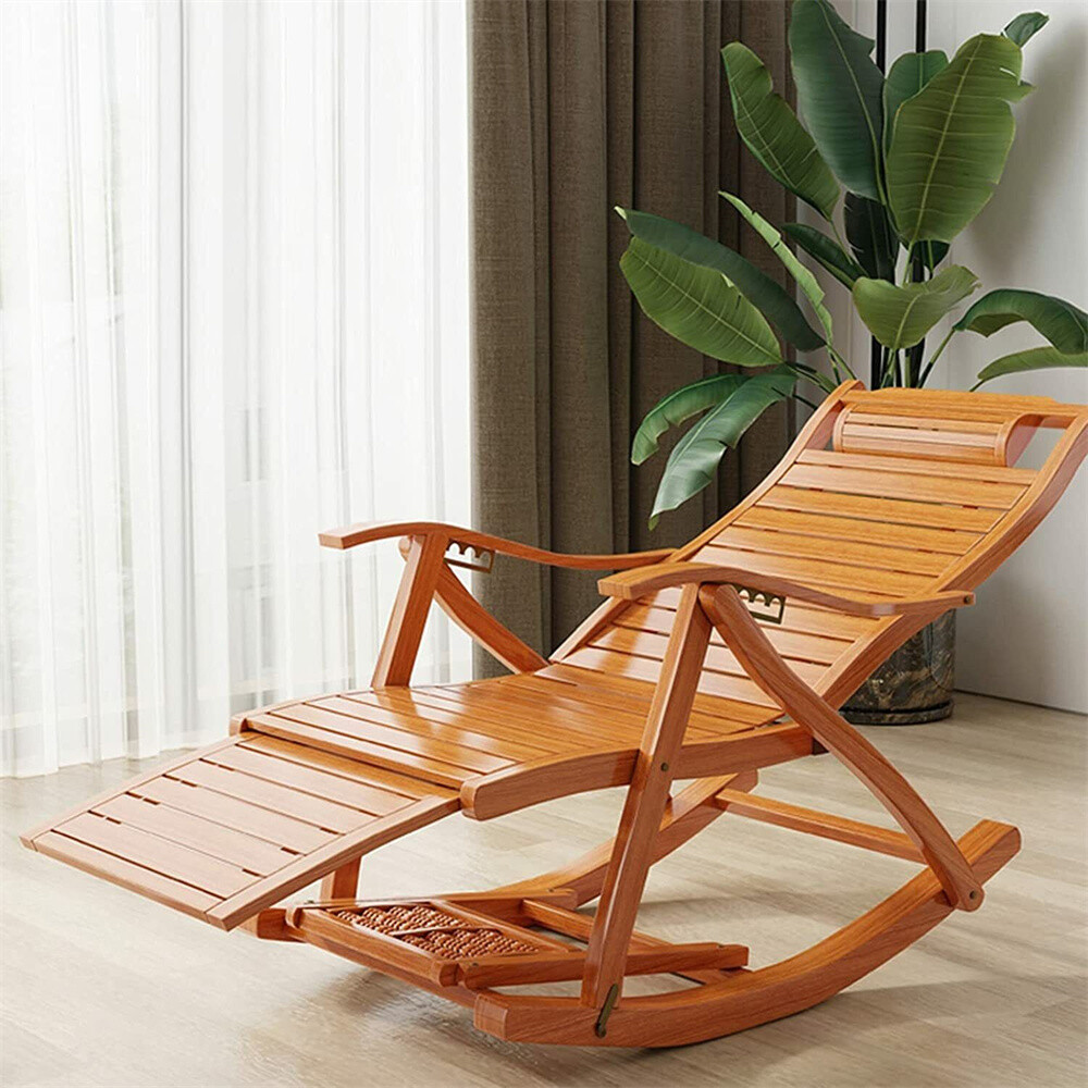 Heavy Duty Folding Rocking Chair Bamboo Living Room Indoor Outdoor Furniture US gallery