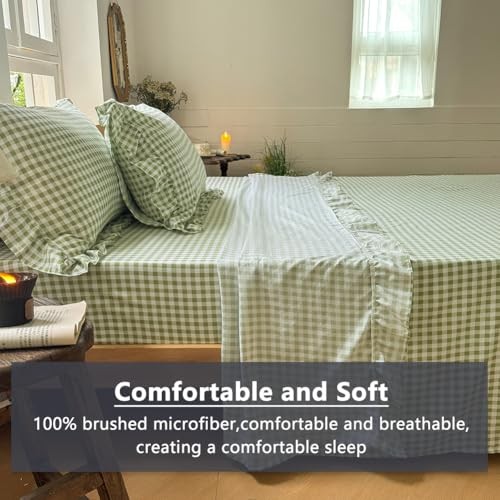 Ruffle Sheet Set, Green Soft Pre-Washed Microfiber Twin Sage Green Gingham gallery