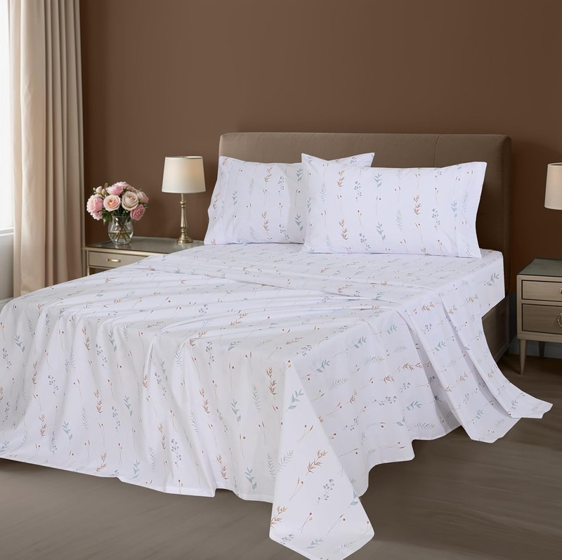 Queen Size 100% Cotton Percale Sheets Set - Cooling, Breathable Floral Design gallery