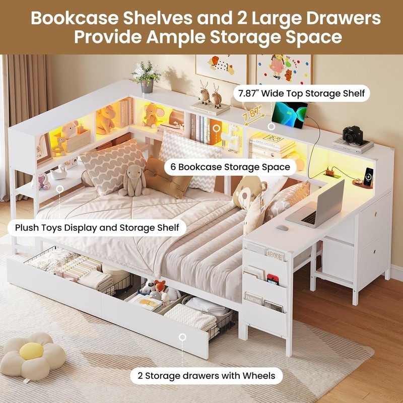 Twin Corner Bed Frame Daybed with Desk,Bookcase Storage,Charging Station, gallery