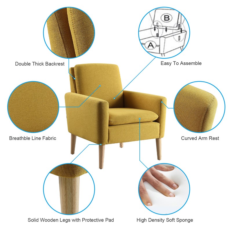 Upholstered Accent Single Sofa Comfy Fabric Armchair Living Room Mustard Yellow gallery