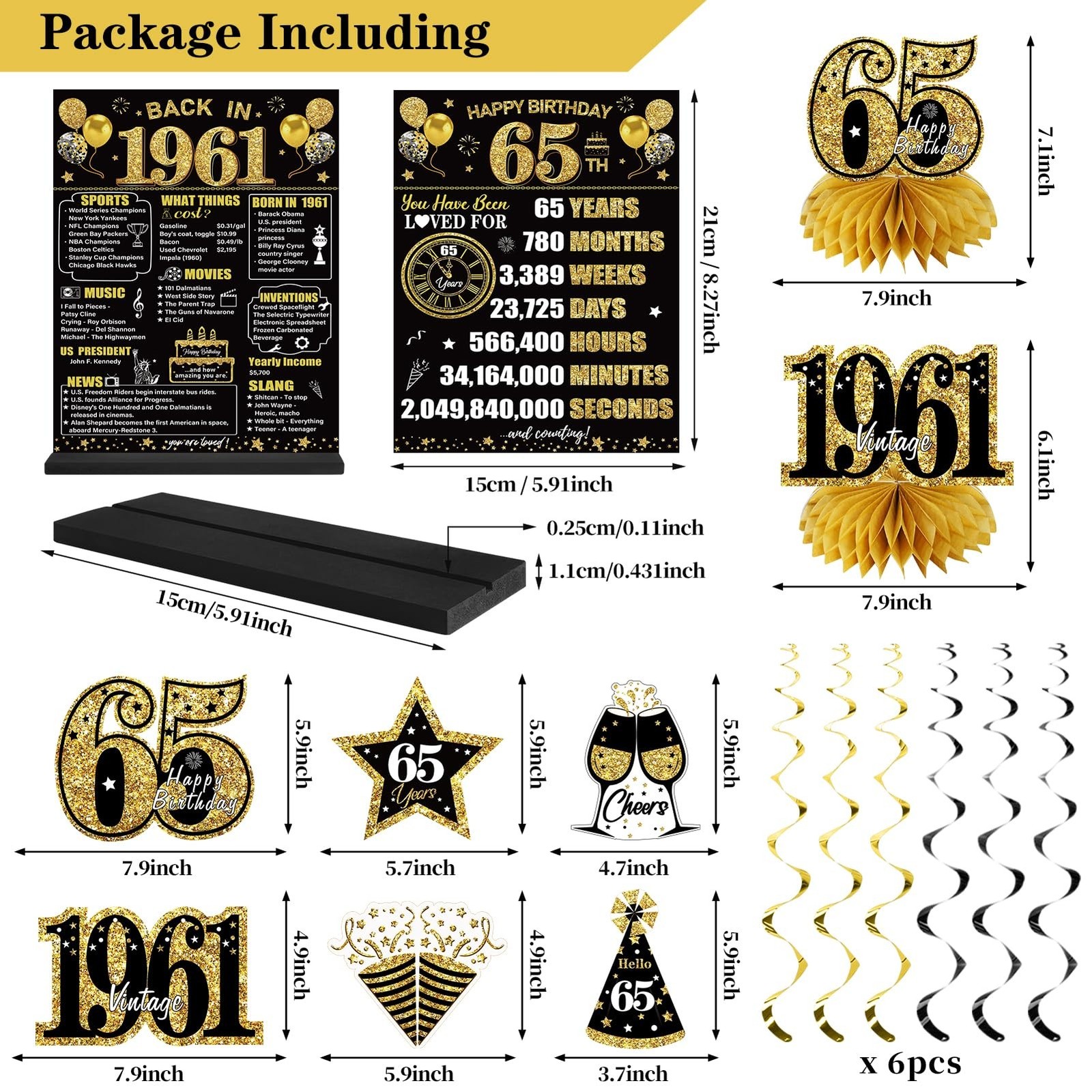65th Birthday Decorations Kit for Men Women, Black Gold 24PCS Back in 1961 Ba... gallery