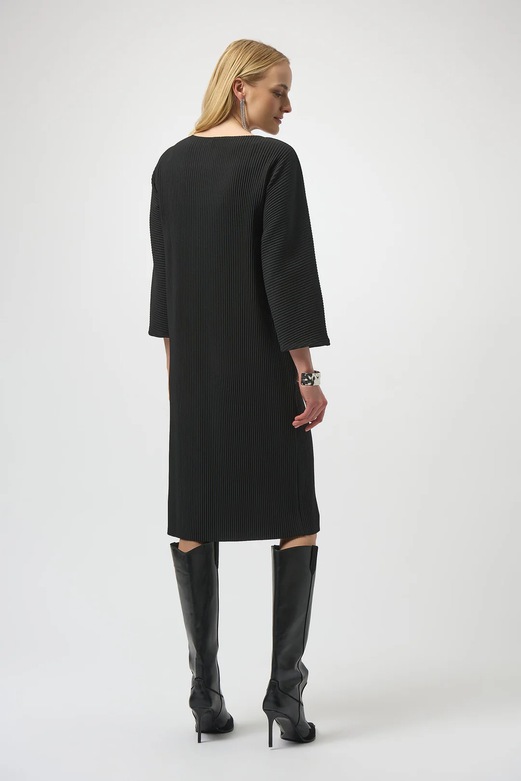 Joseph Ribkoff Black Crew Neck 3/4 Sleeves Pleated Dress 254214 gallery