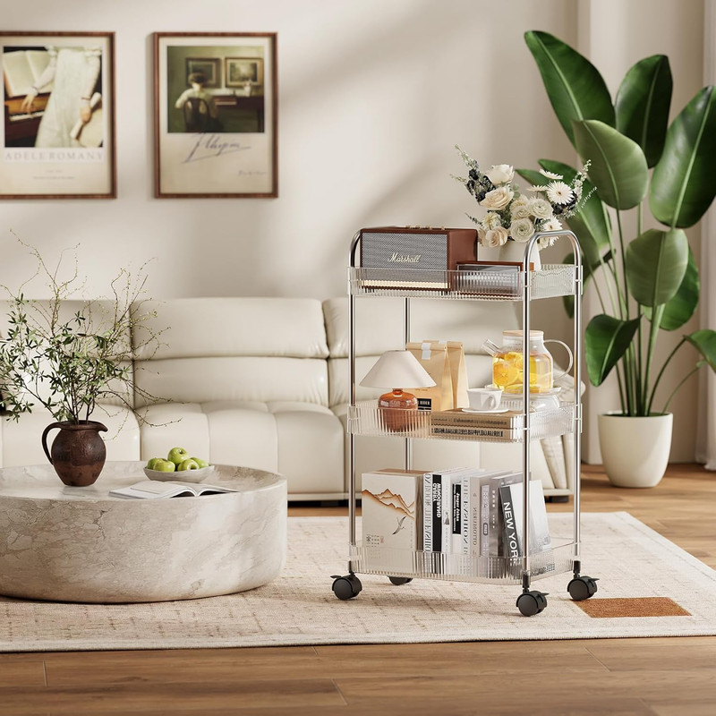 3 Tier Rolling Cart with Wheels,Utility Trolley with Handle,Clear Acrylic Movabl gallery
