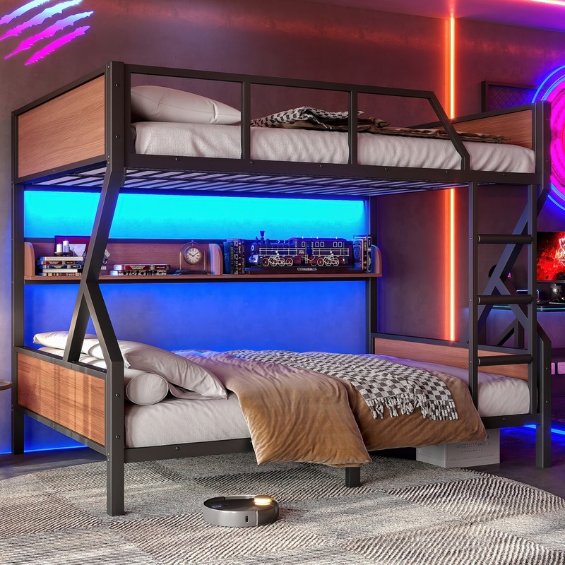 Full over Full Bunk Bed, Metal Bunk Bed with Storage Shelves & Lights Black Bed gallery