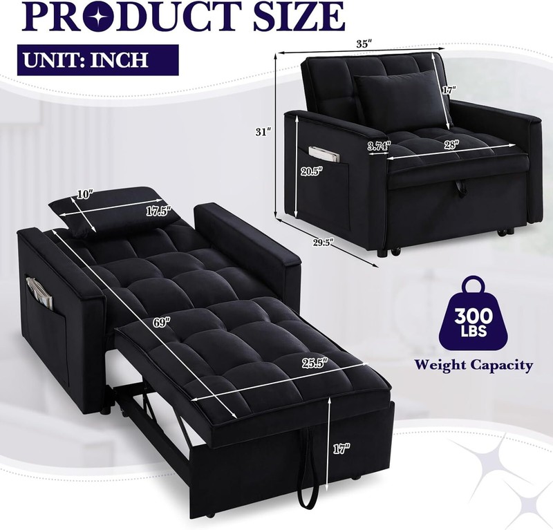 Convertible Single Sleeper Chair Bed 3in1 Modern Velvet Pull Out Tufted Sofa Bed gallery